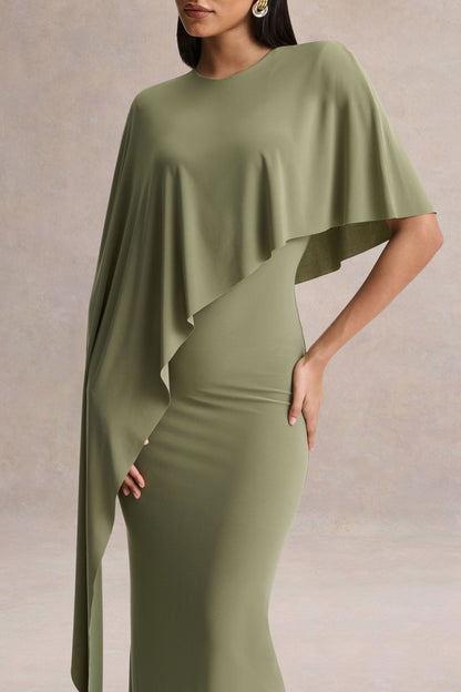 Ravena | Olive Crew-Neck Maxi Dress With Asymmetric-Cape Sleeve