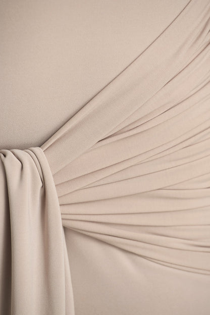 Myra | Champagne High-Neck Maxi Dress With Sash and Ruched Detailing