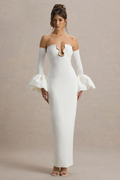 Annalisa | Cream Bandeau Maxi Dress With Satin Cuffs