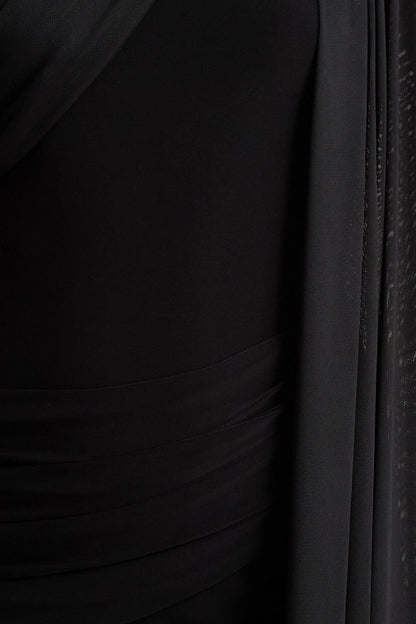 Brenda | Black Crew-Neck Maxi Dress With Mesh Cape And Sash