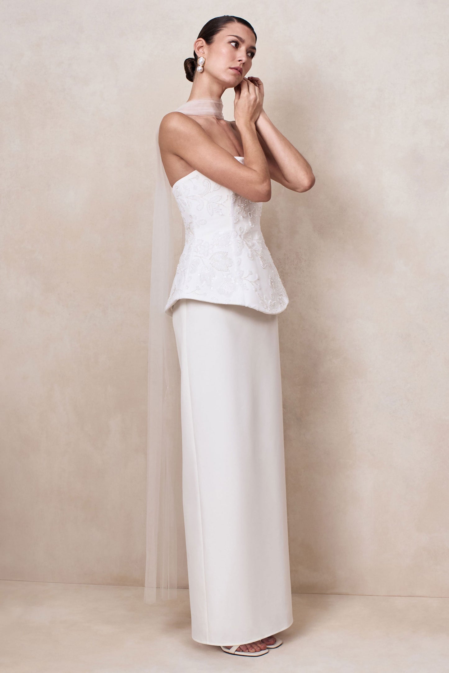 Naira | White Satin Bandeau Corset Maxi Dress With Sheer Scarf