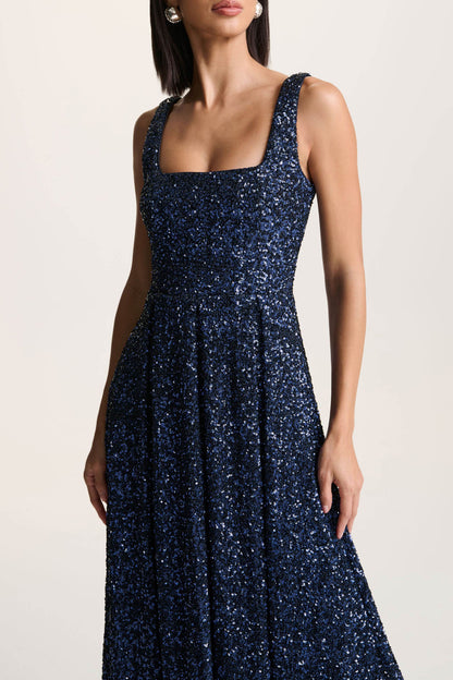 Lima | Navy Sequin Square-Neck A- Midi Dress