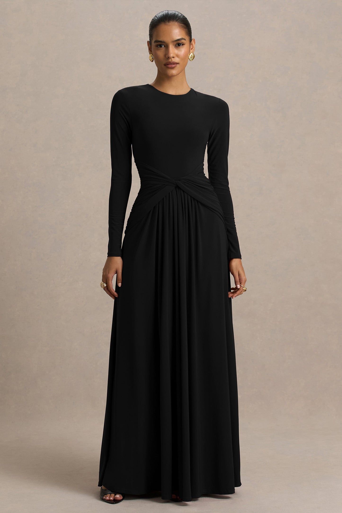 Estrella | Black High-Neck Maxi Dress With Ruched Detailing