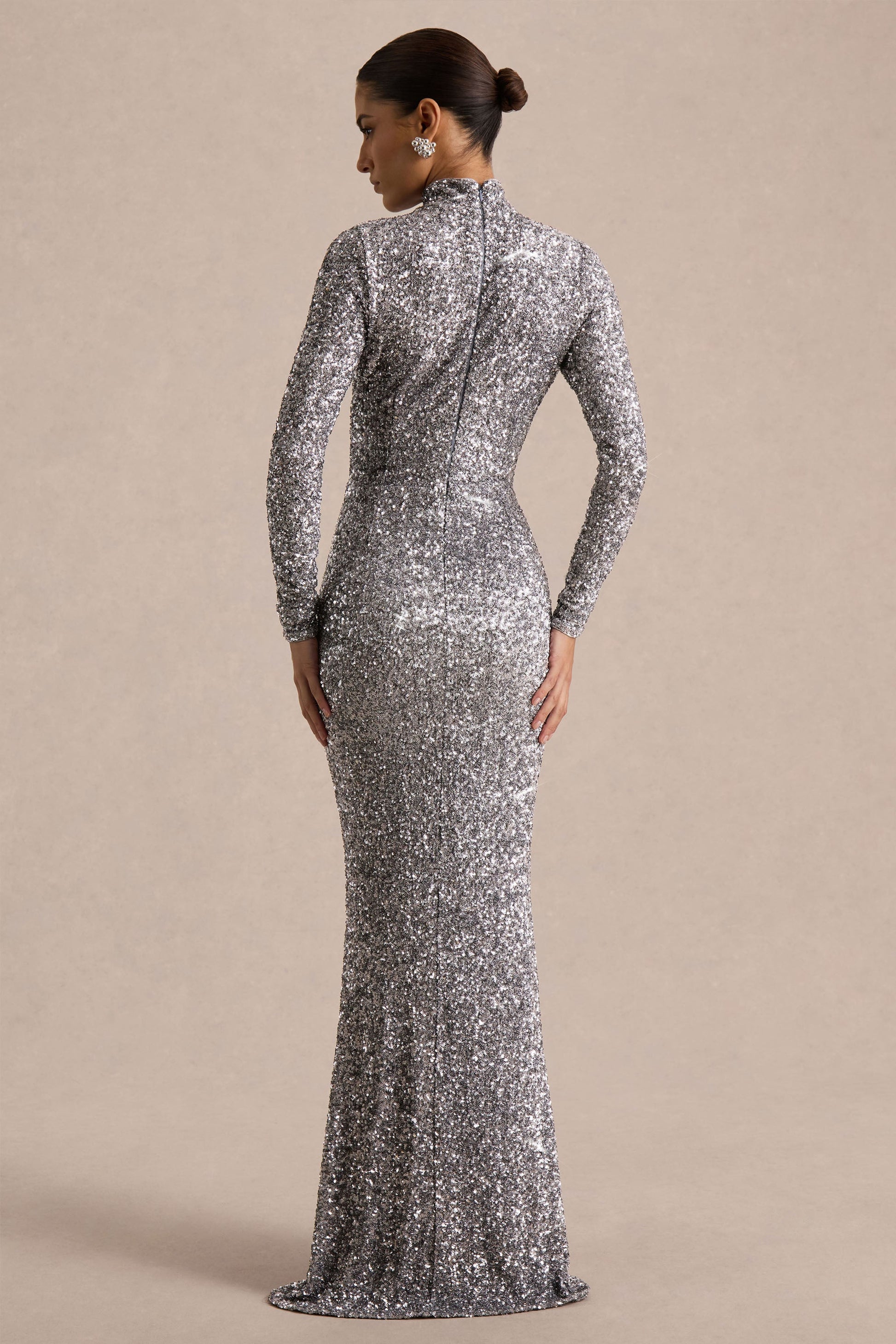 Galaxy | Silver Sequin Turtle-Neck Long-Sleeve Maxi Dress