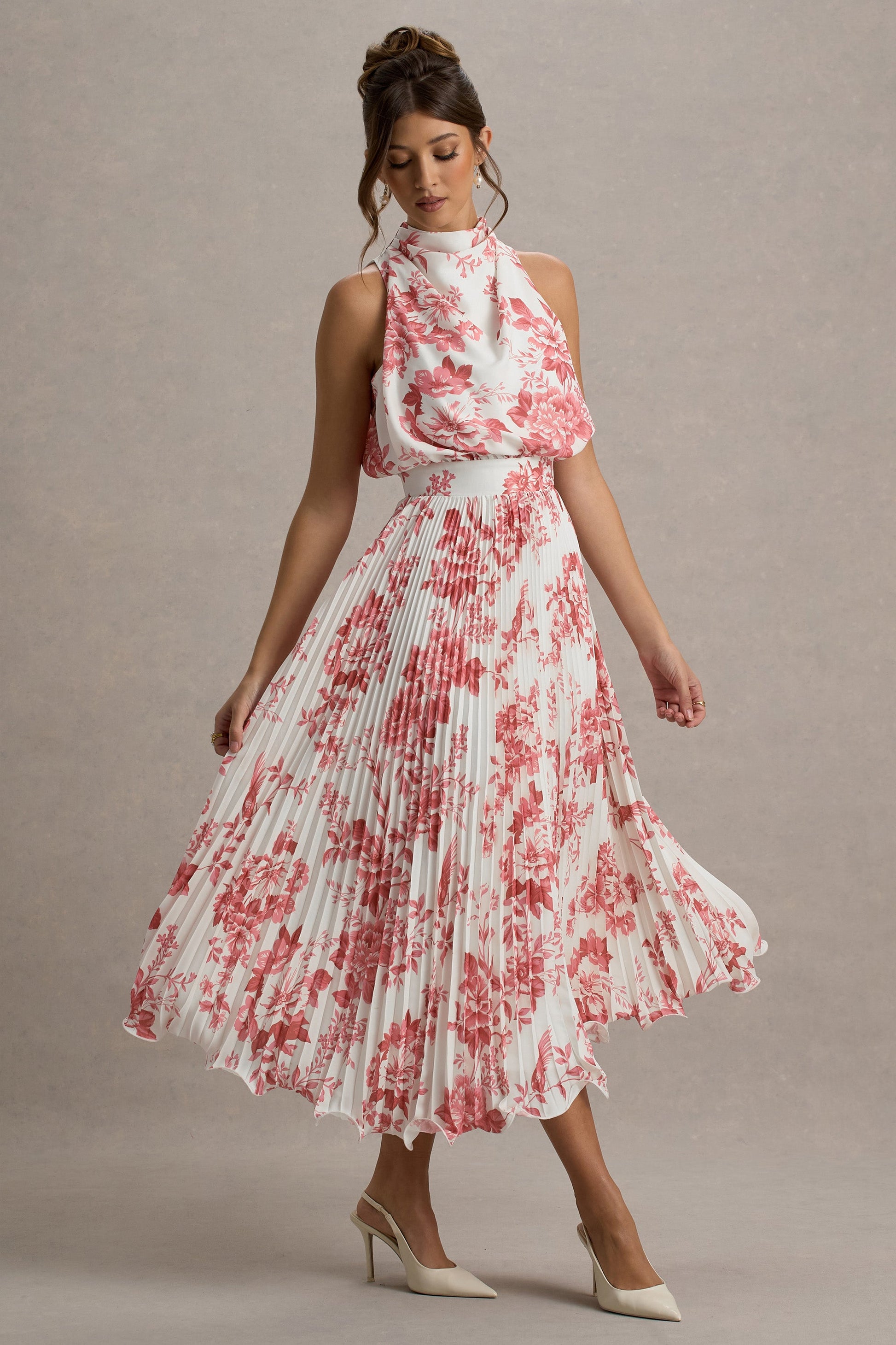 Nila | Pink Porcelain Print Cowl-Neck Midi Dress With Plisse Skirt