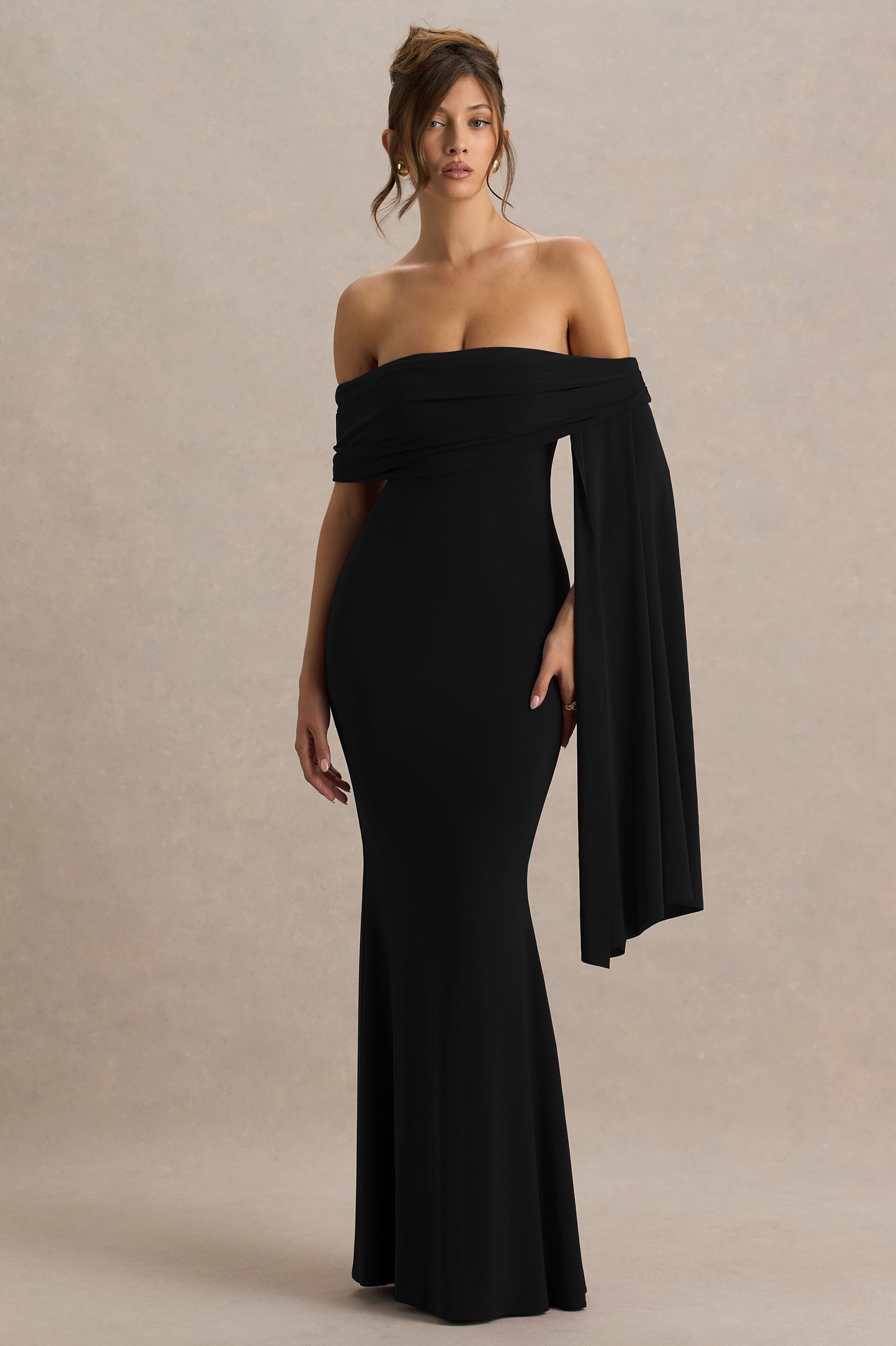 Saffina | Black Bardot-Neck Maxi Dress With Sash Detail