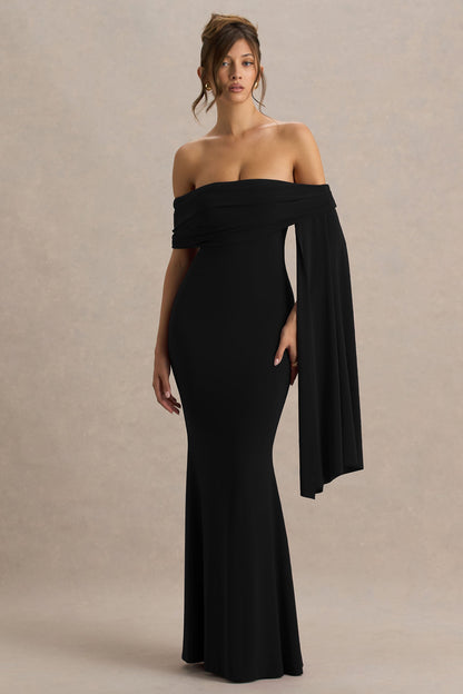 Saffina | Black Bardot-Neck Maxi Dress With Sash Detail