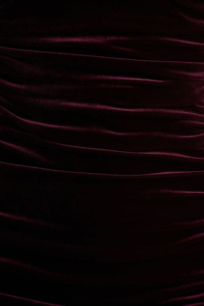 Treat | Burgundy Velvet Asymmetric-Neck Maxi Dress With Ruched Detailing