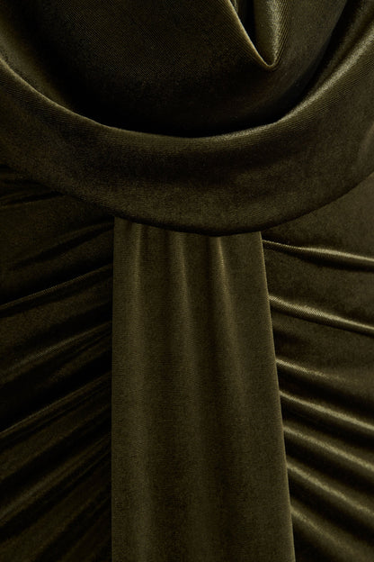 Lavernia | Olive Velvet Halter-Neck Maxi Dress With Gathered-Detailing