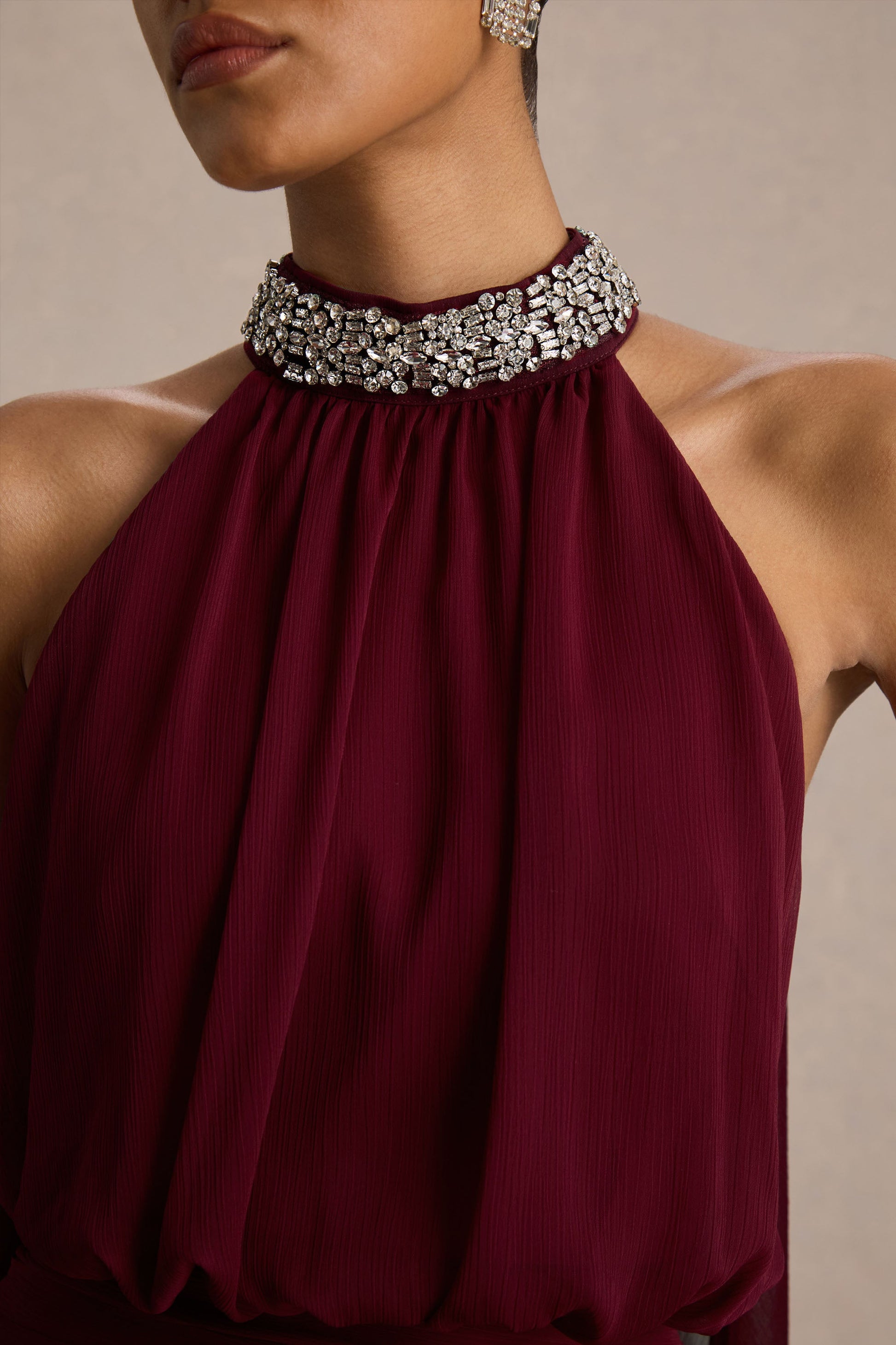 Marie | Burgundy Halter-Neck Maxi Dress With Embellished Detailing