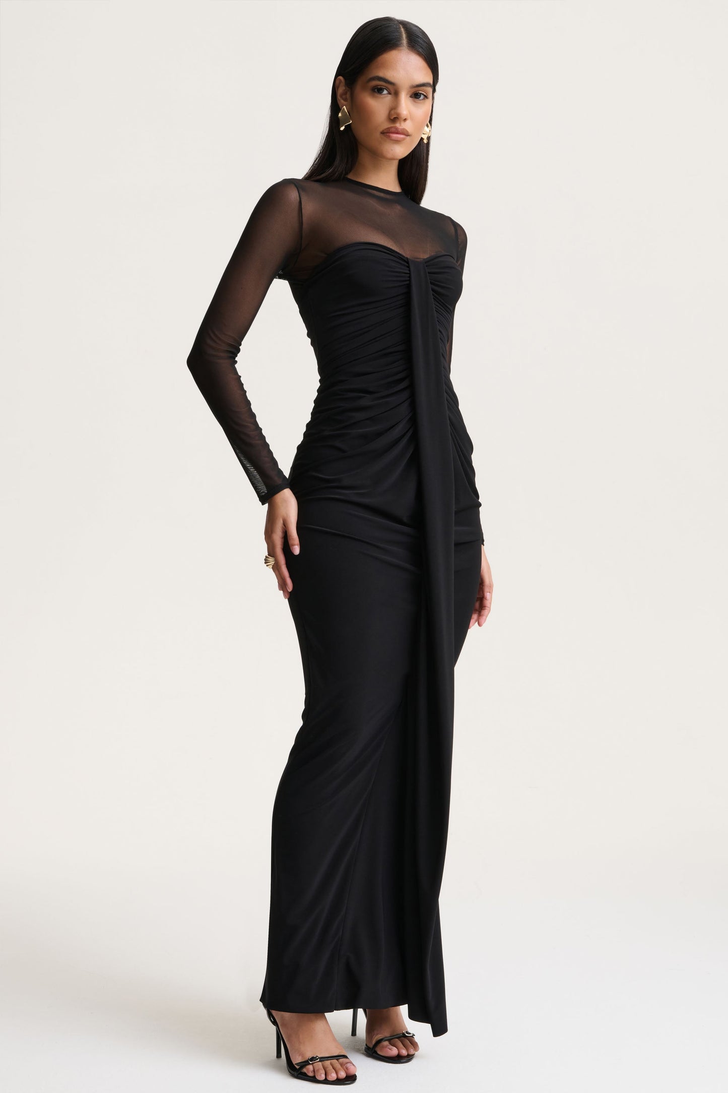 Cadenza | Black Crew-Neck Maxi Dress With Mesh And Gathered-Detailing