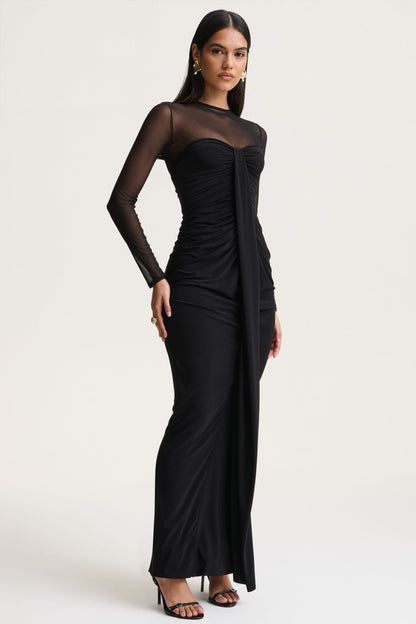 Cadenza | Black Crew-Neck Maxi Dress With Mesh And Gathered-Detailing