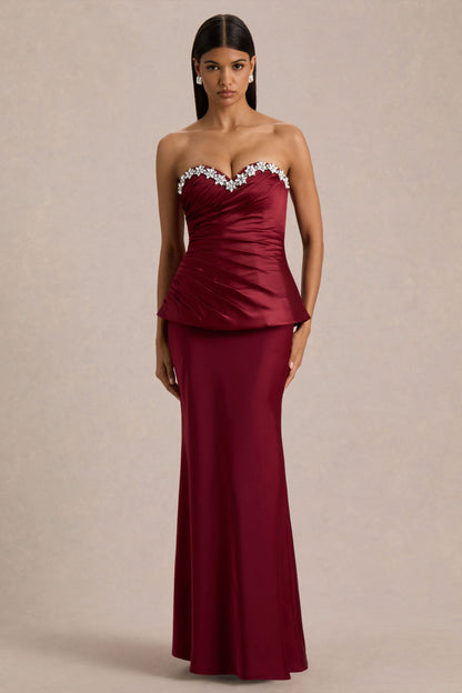 Milia | Burgundy Satin Hand-Embellished Strapless Corset Maxi Dress