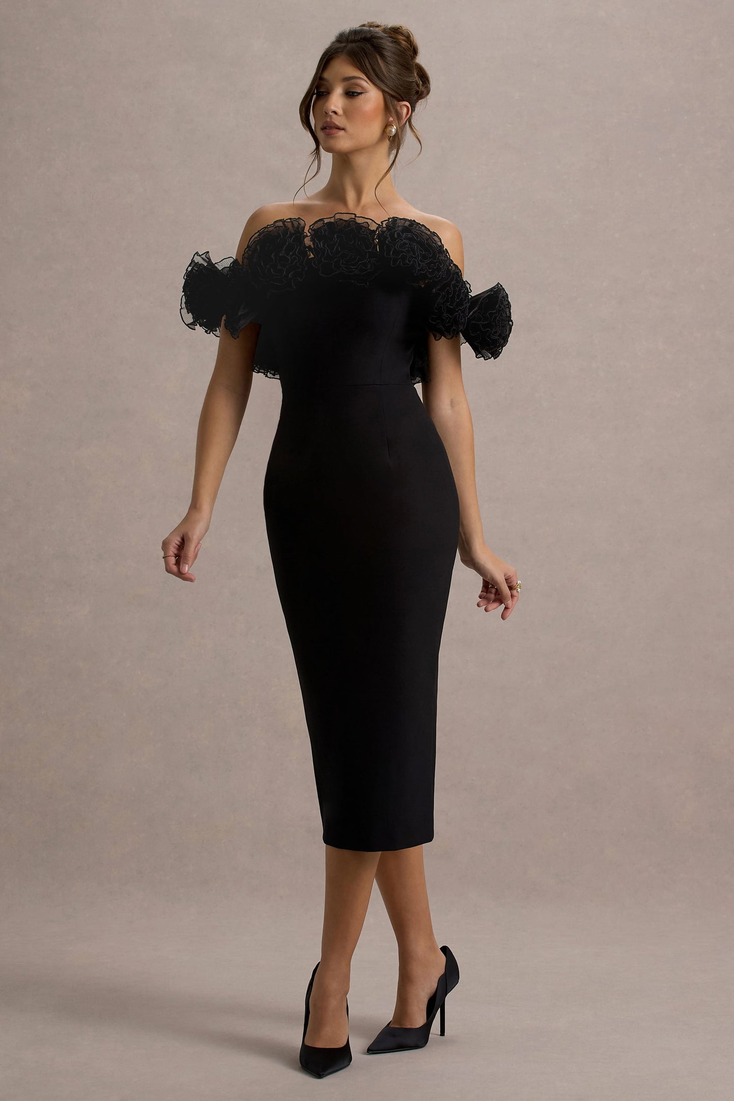 Alizzi | Black Bardot Midi Dress With Ruffle Trim