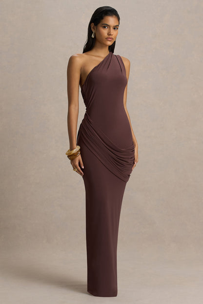 Elisa | Brown Asymmetric-Neck Maxi Dress With Open-Back And Ruched Detailing