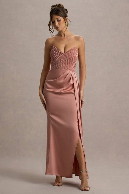 Edel | Pink Satin Strapless Maxi Dress With Drape