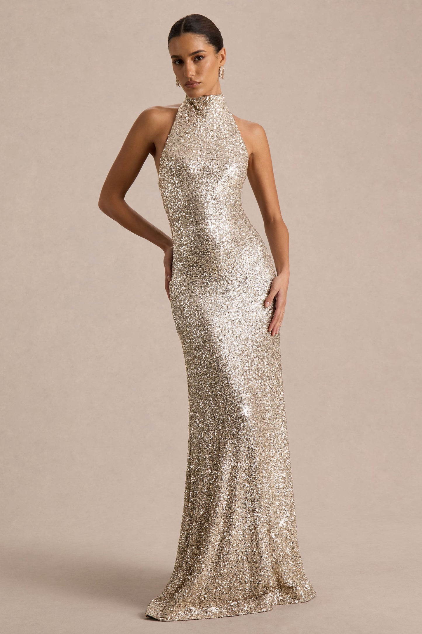 Tulia | Gold Sequin High-Neck Maxi Dress