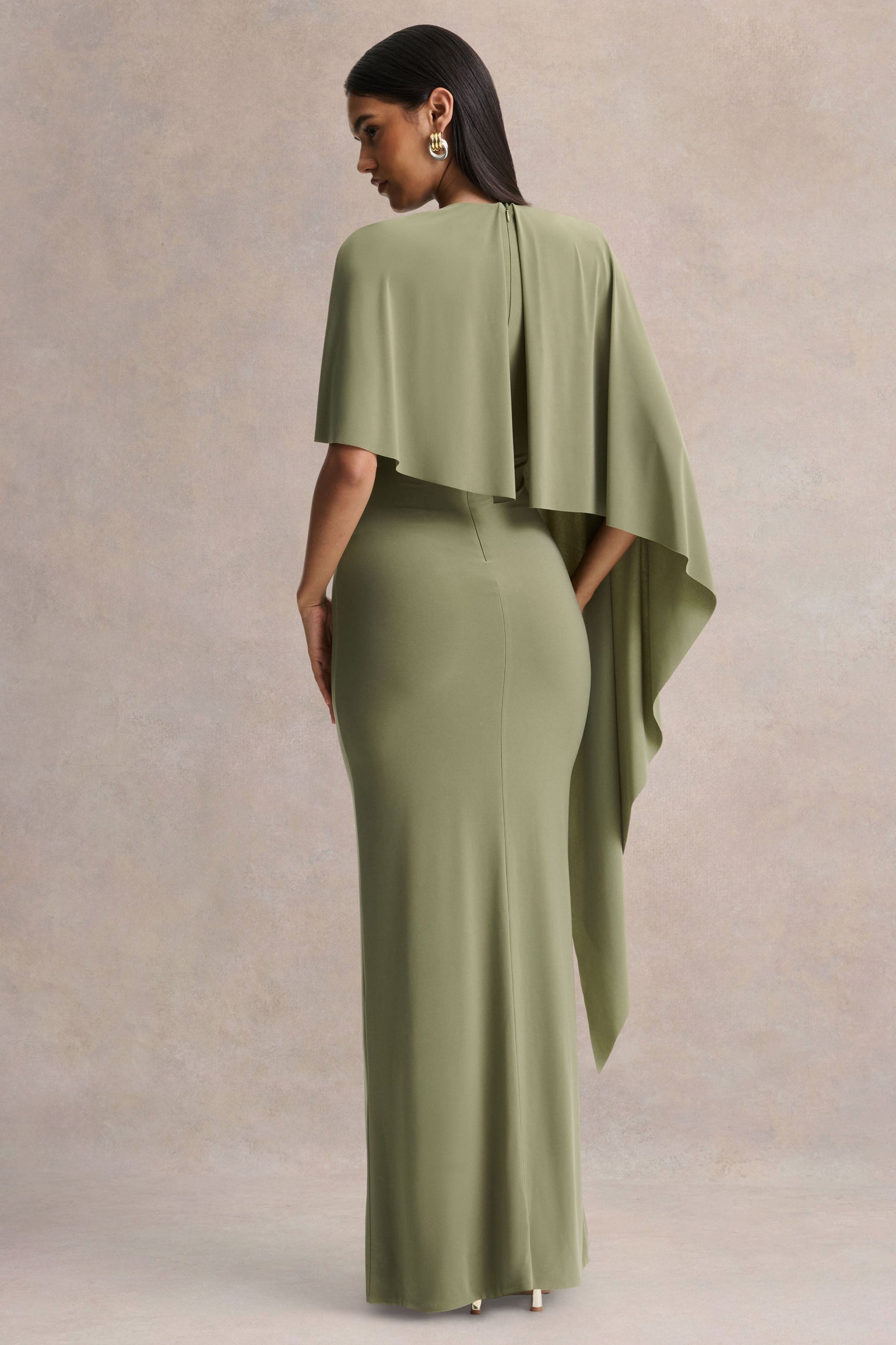 Ravena | Olive Crew-Neck Maxi Dress With Asymmetric-Cape Sleeve