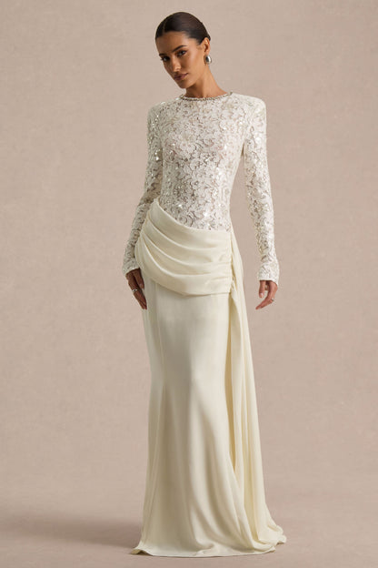 Beau | Ecru Lace Embellished Crew-Neck Maxi Dress With Draped Detail