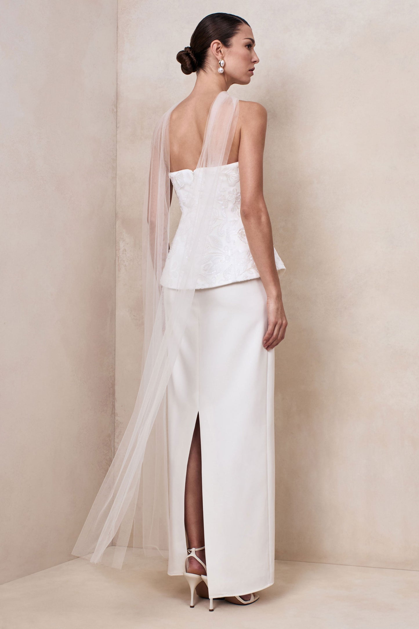 Naira | White Satin Bandeau Corset Maxi Dress With Sheer Scarf