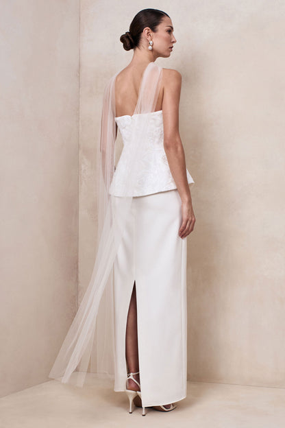 Naira | White Satin Bandeau Corset Maxi Dress With Sheer Scarf