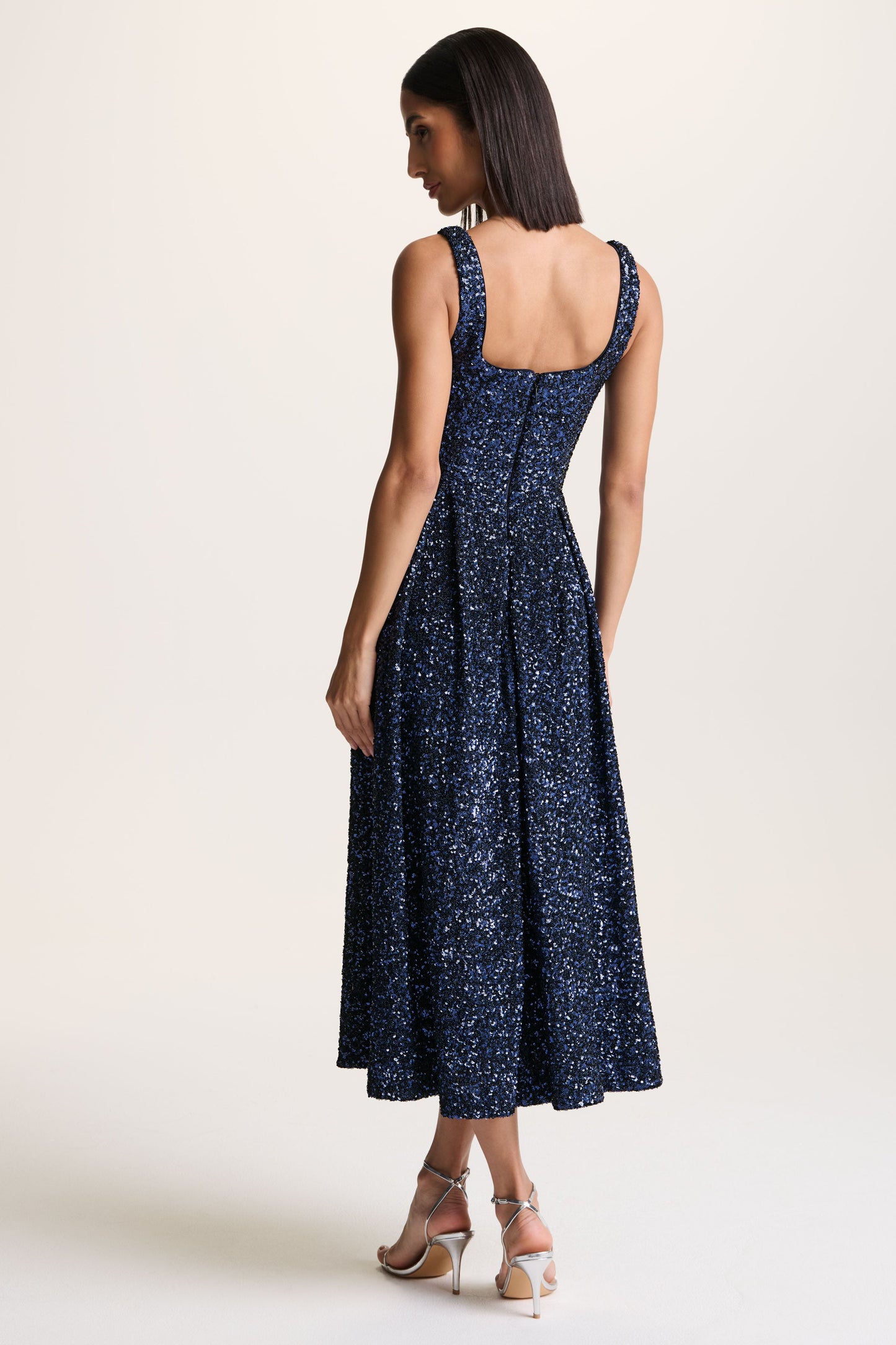 Lima | Navy Sequin Square-Neck A- Midi Dress