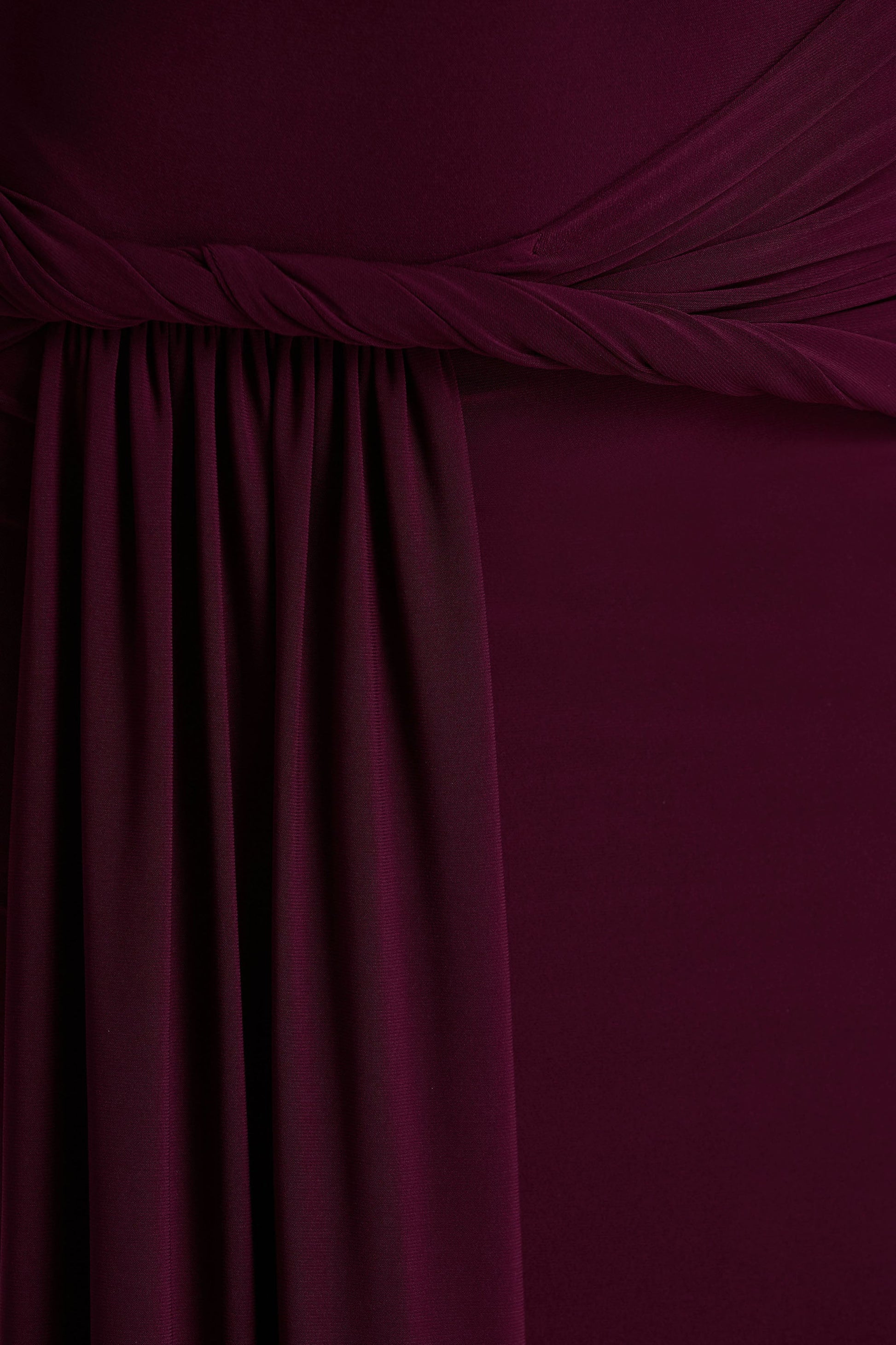 Tulisa | Burgundy Asymmetric-Neck Maxi Dress With Twist Sleeves And Ruched Detailing