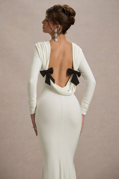Rosalee | Cream Long-Sleeve Cowl-Back Maxi Dress With Bows
