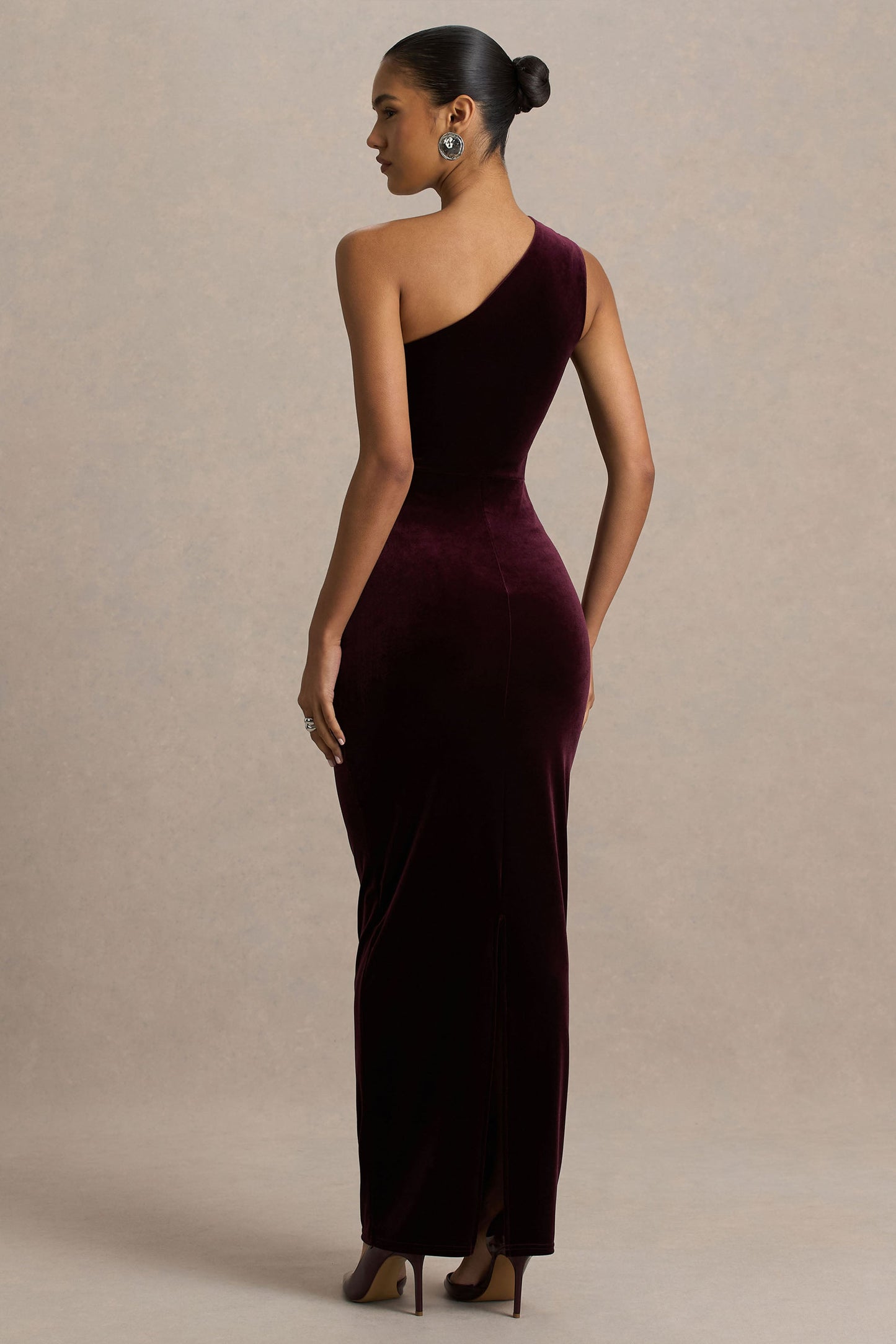 Treat | Burgundy Velvet Asymmetric-Neck Maxi Dress With Ruched Detailing