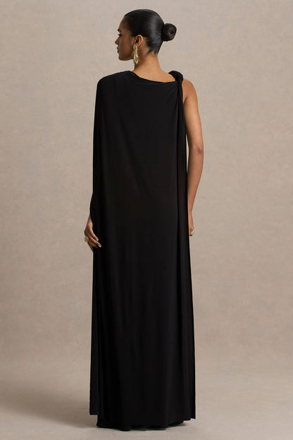 Cressida | Black Asymmetric-Neck Maxi Dress With Cape And Gold Detail
