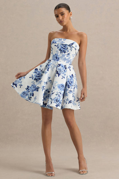 Fiorenza | Blue Porcelain Print Bandeau Mini Dress With Volume Skirt