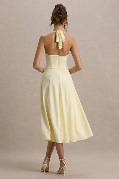 Auburn | Pale Lemon Halter Skater Midi Dress