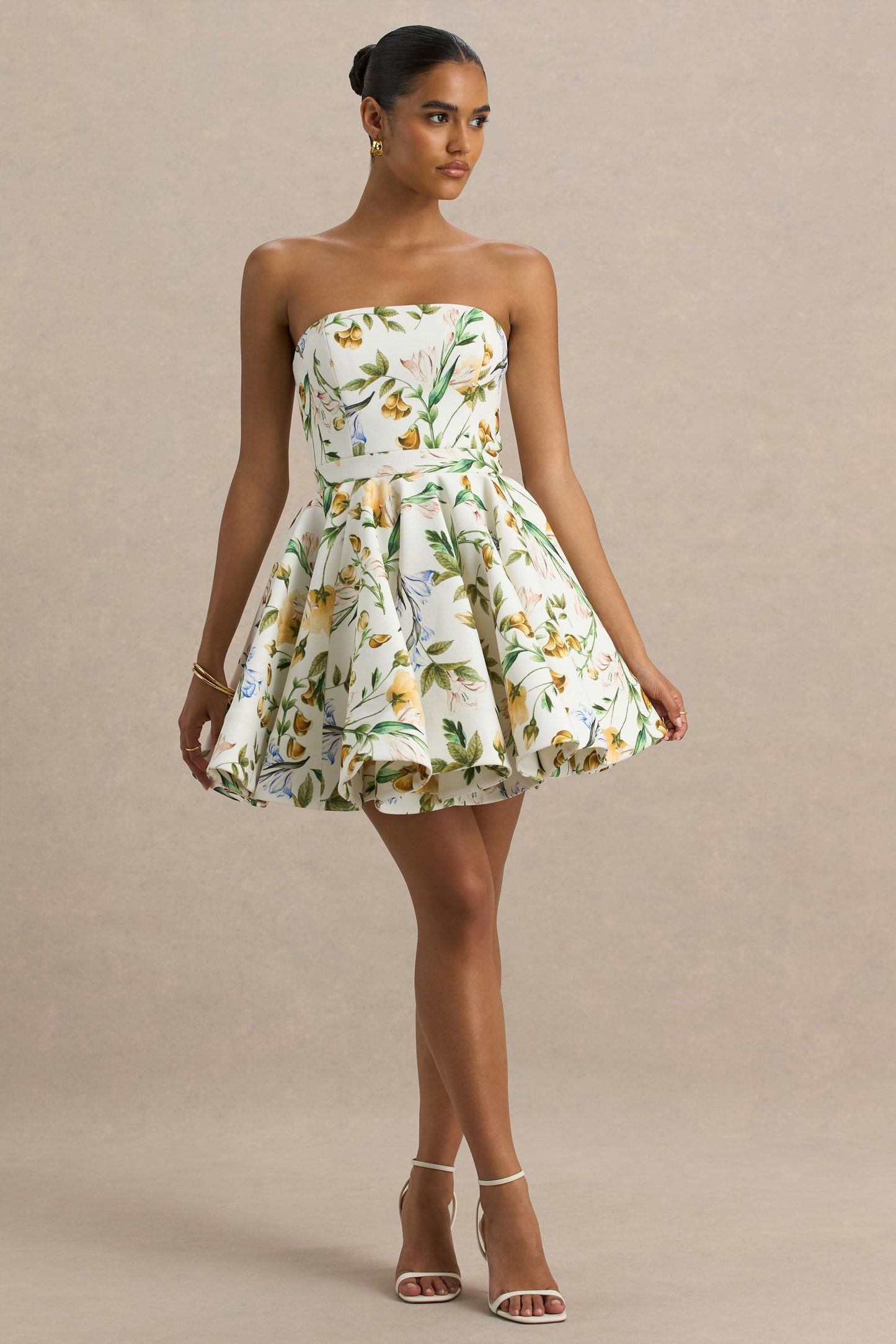 Valerian | Lemon Floral Print Bandeau Mini Dress With Ruffle Hem