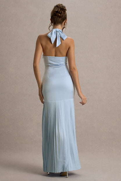 Sansa | Powder Blue Satin Cross Halter-Neck Plisse Maxi Dress