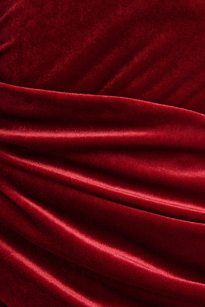 Eirene | Red Velvet Asymmetric-Neck Midi Dress