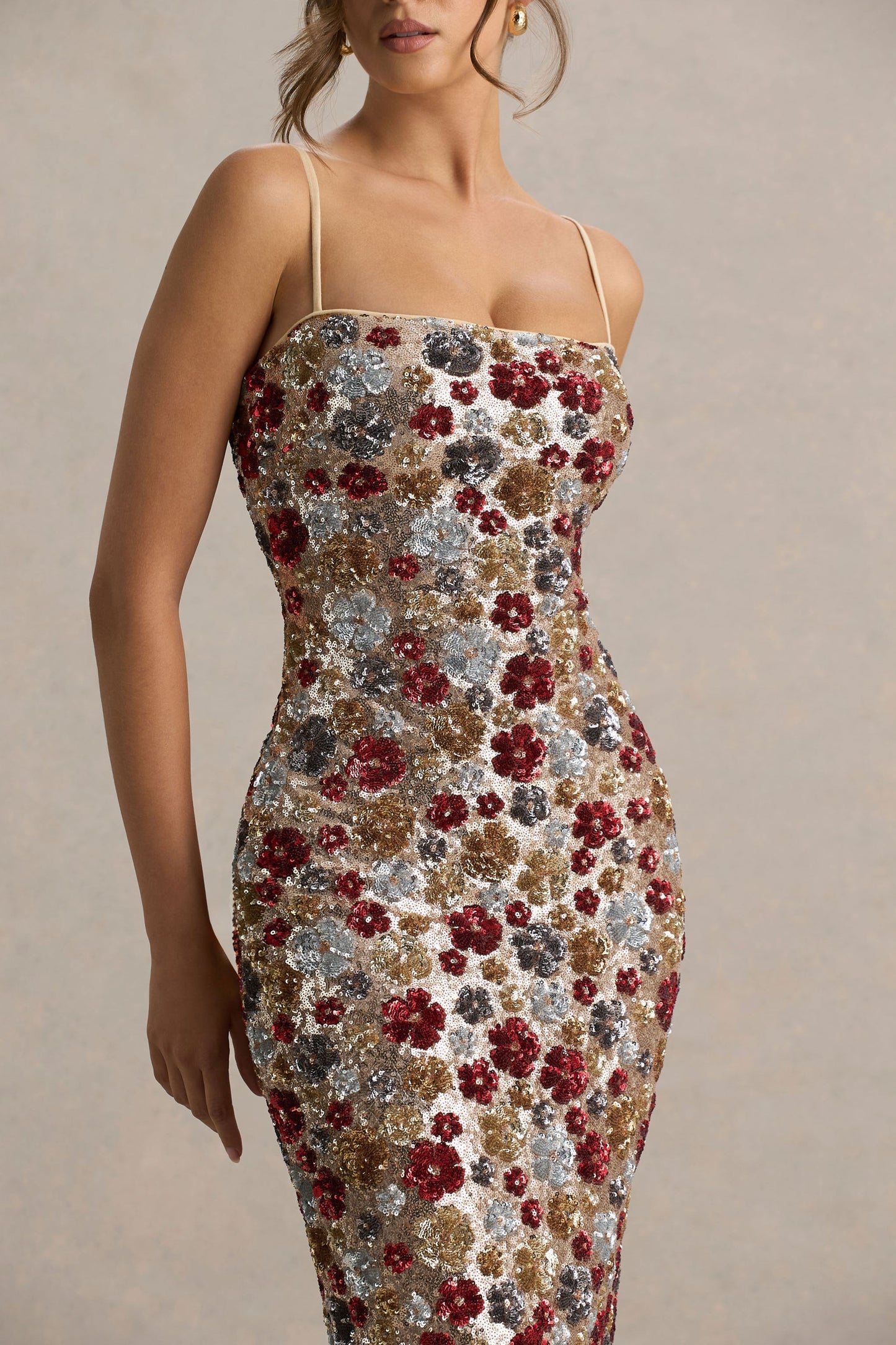 Vitora | Red Floral Embellished Sequin Square-Neck Maxi Dress