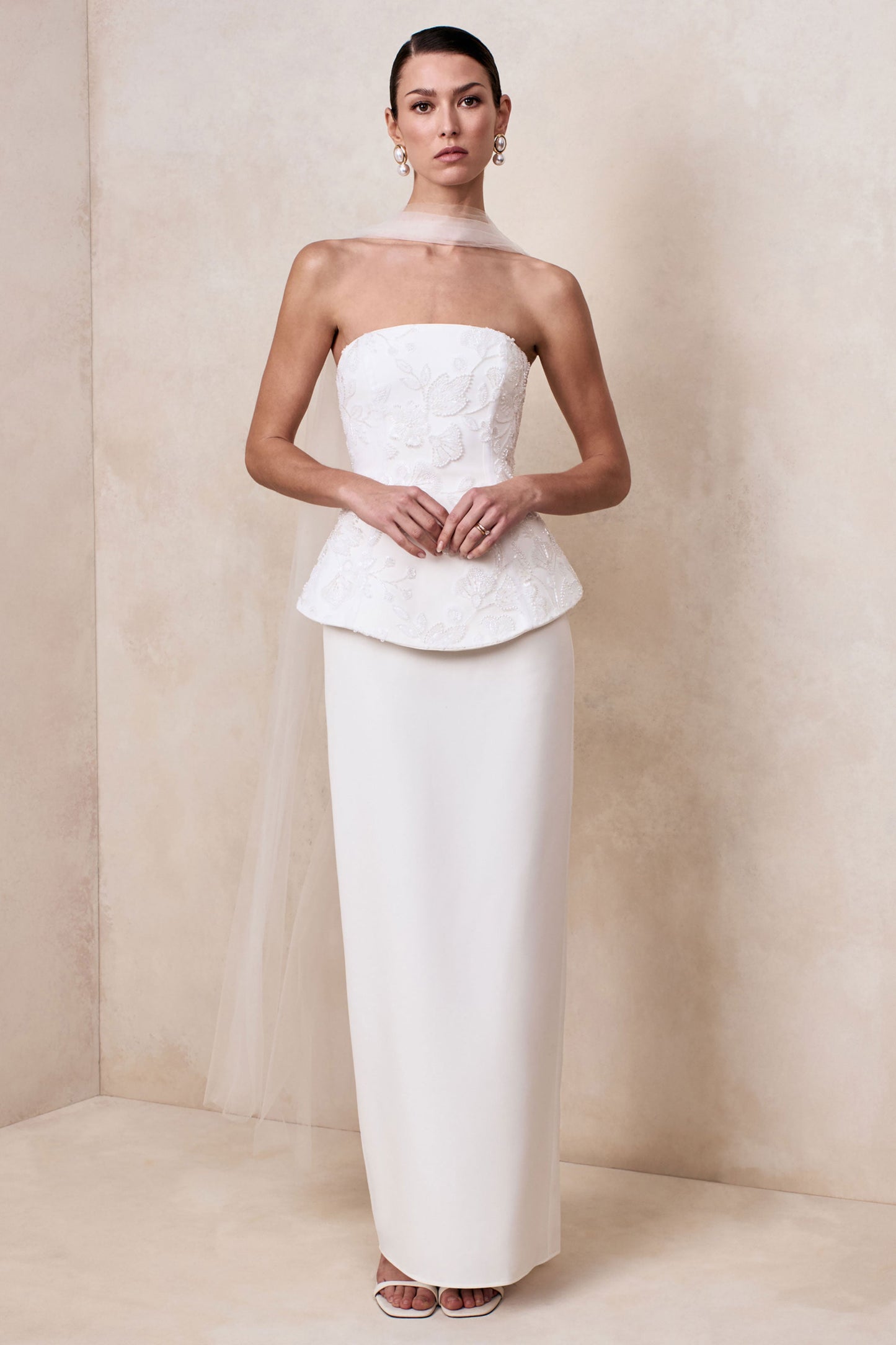 Naira | White Satin Bandeau Corset Maxi Dress With Sheer Scarf
