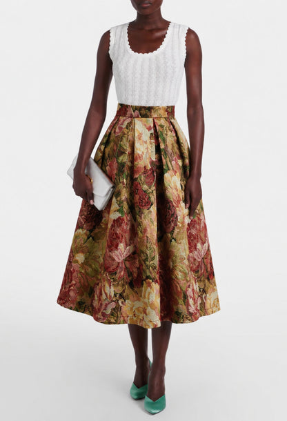 Varda Brown Vintage Floral Midi Skirt