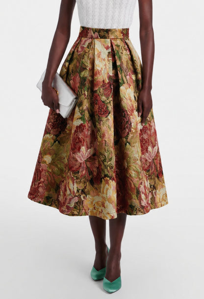 Varda Brown Vintage Floral Midi Skirt