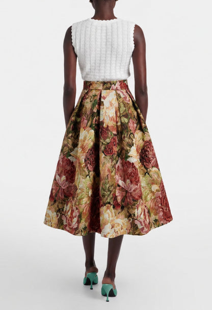 Varda Brown Vintage Floral Midi Skirt