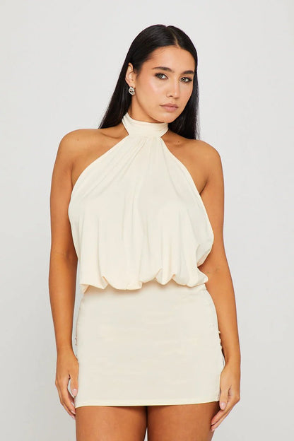 Cream Halter High Neck Open Back Mini Dress