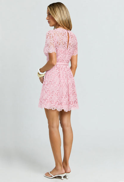 Willow Embroidered Floral Lace Mini Dress Pink